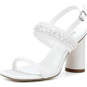 Palscou Womens Size 8.5 White Pearl 3.5" Chunky Heel Open Square Toe Shoes